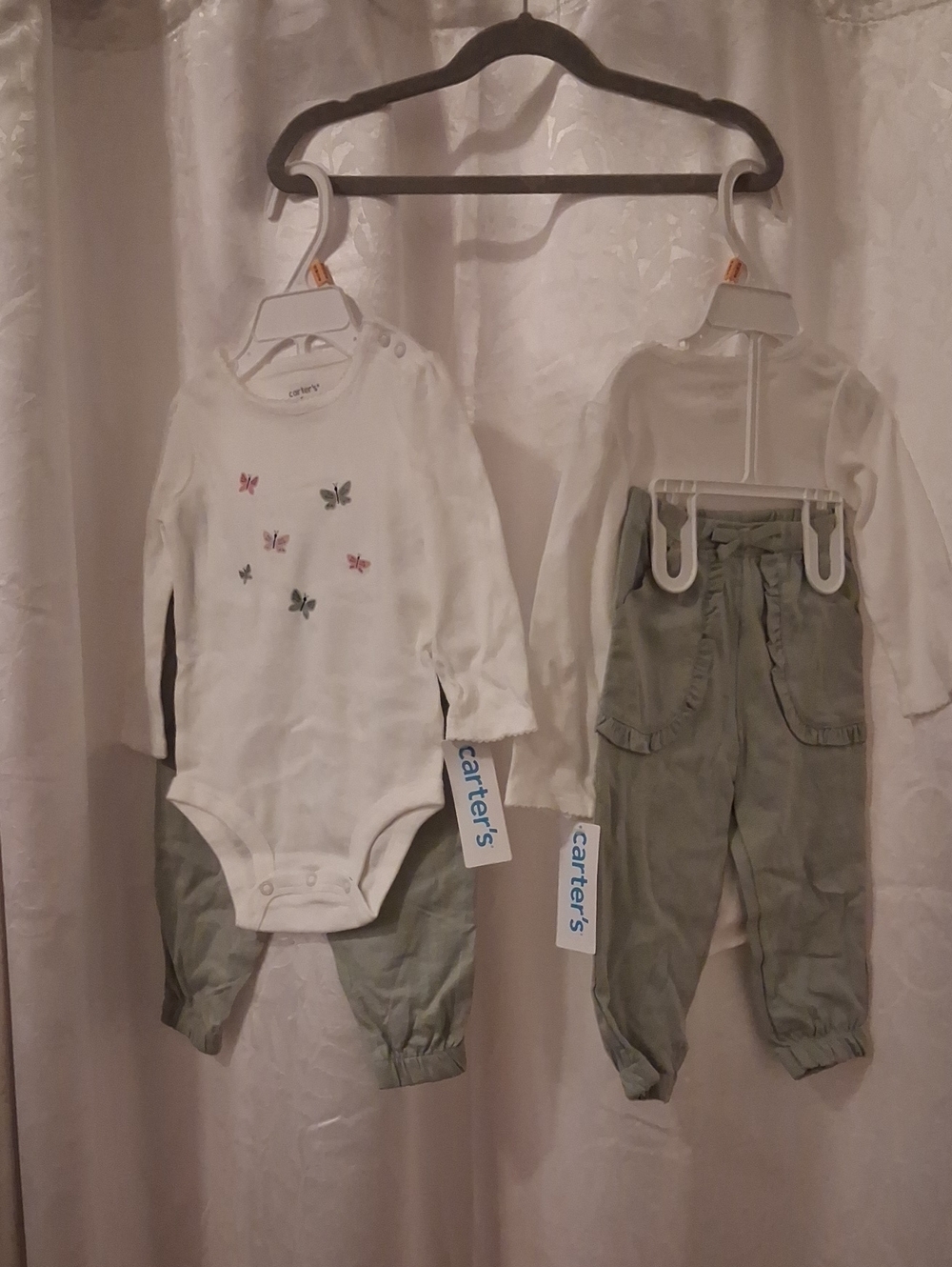 Carter's White Butterfly Bodysuit with Olive Green Pants Set